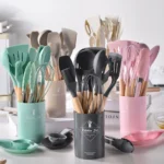 KIT de Utensílios Para Cozinha em Silicone e Bambu 12 Peças n